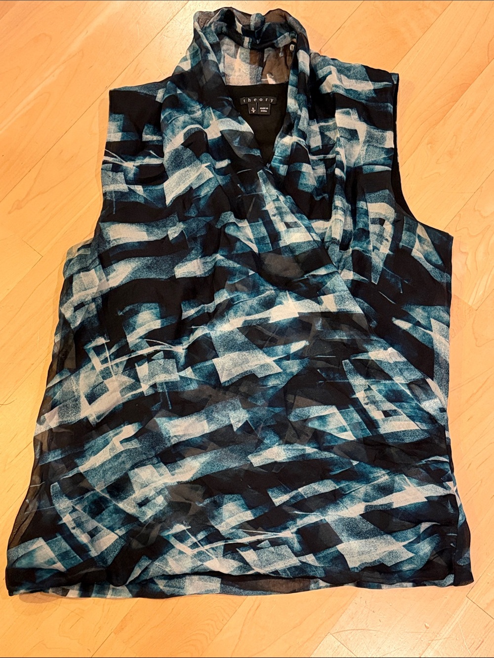Theory Sleeveless Cowl Neck 100% Lined Blouse in Teal and Black Abstract Print